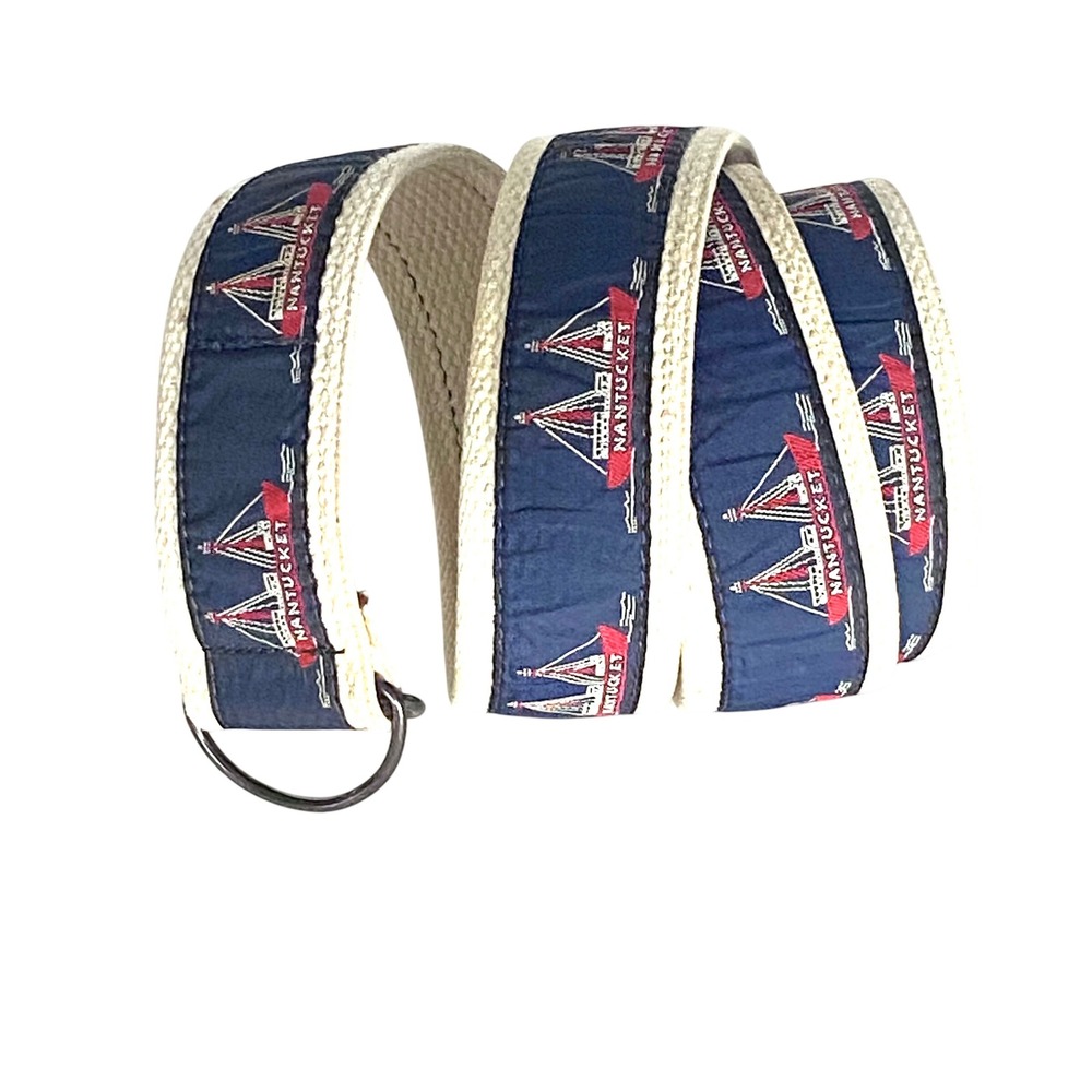 Nantucket Sailboat D-Ring Web Belt Navy Ivory Preppy Coastal Men 36 Max